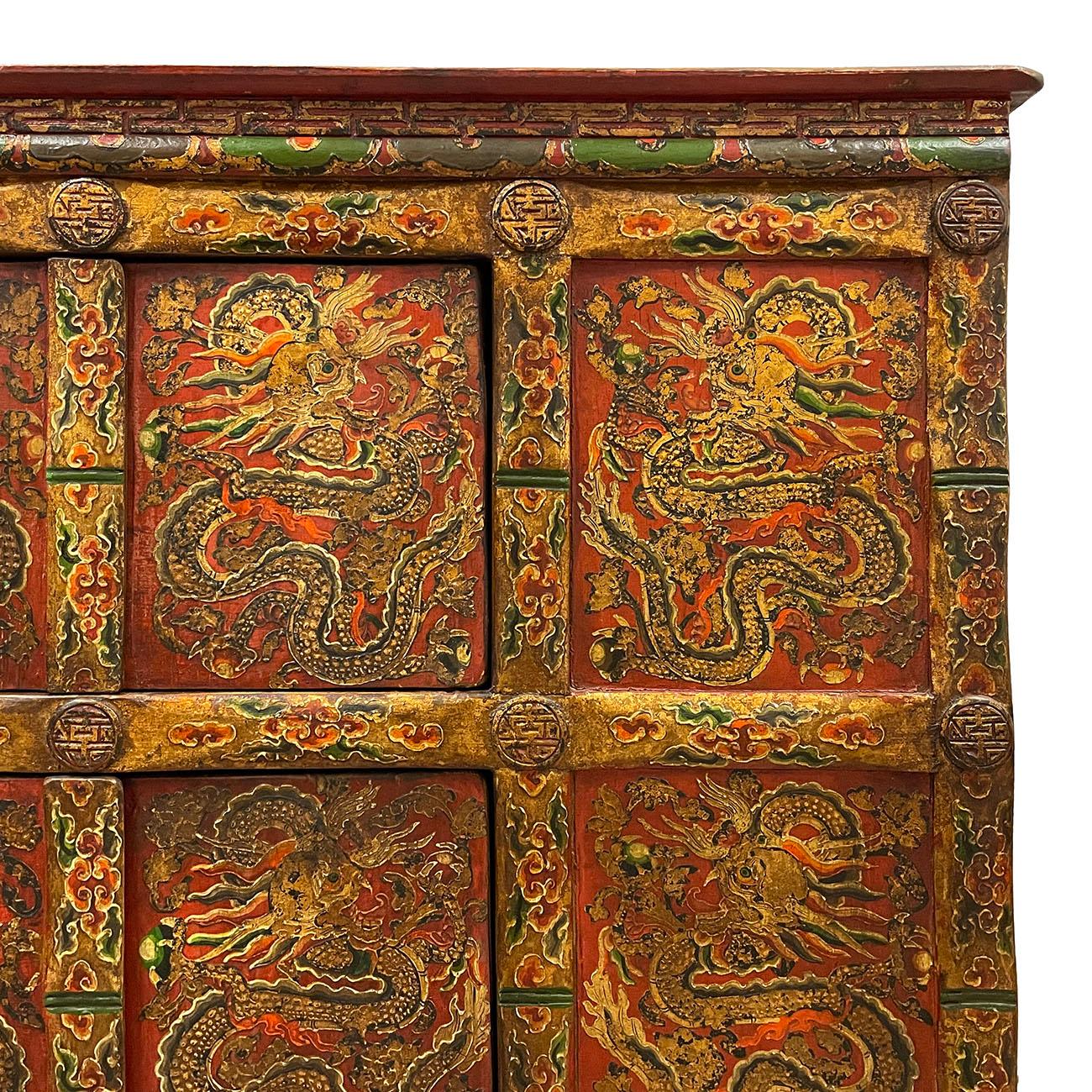 Cedar 19th Century Antique Tibetan Hand Painted Credenza Storage Cabinet