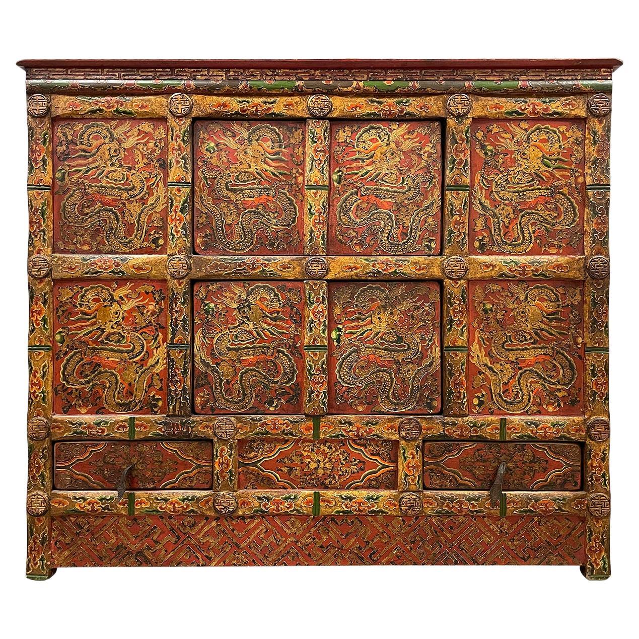 19th Century Antique Tibetan Hand Painted Credenza Storage Cabinet
