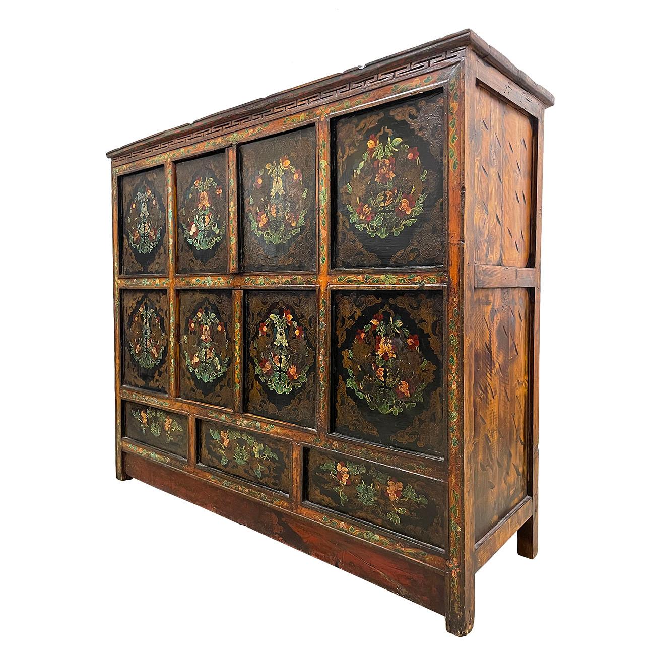 This Antique Tibetan Painted Cabinet is 100% hand made and hand painted using mineral painting which last the paint a much longer time. You can see some of the finish has already lost. This Cabinet has 2 double removable doors compartment on the