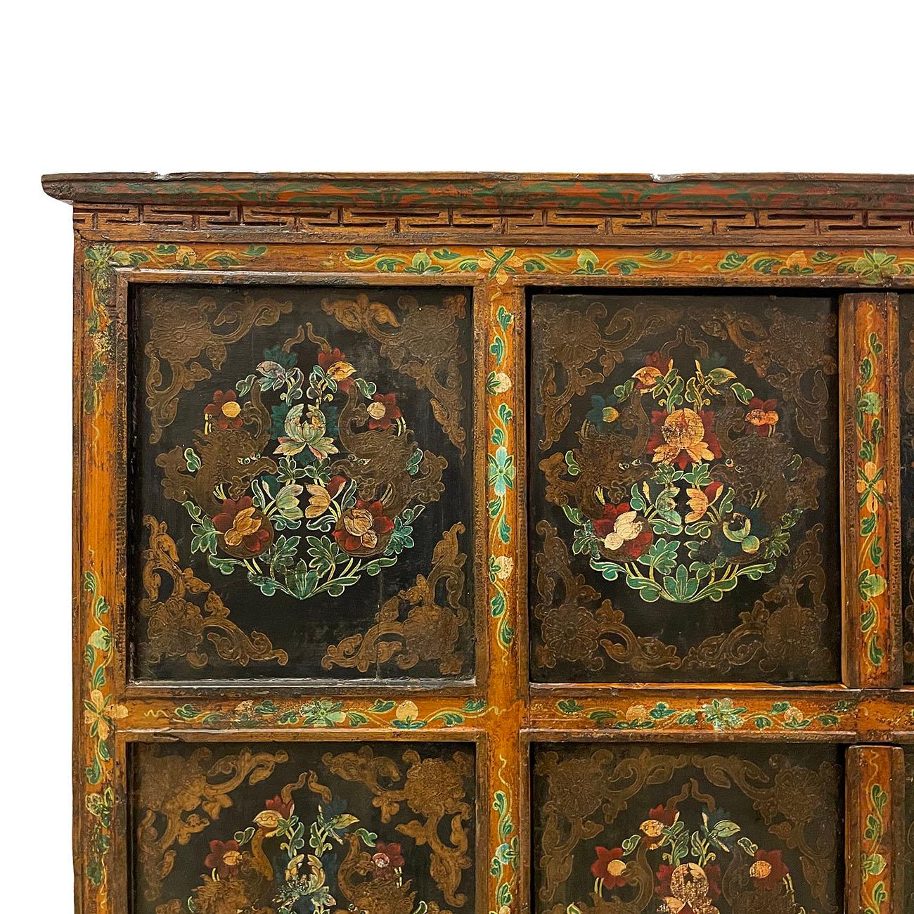 Chinese Export 19th Century Antique Tibetan Hand Painted Tall Credenza Storage Cabinet For Sale