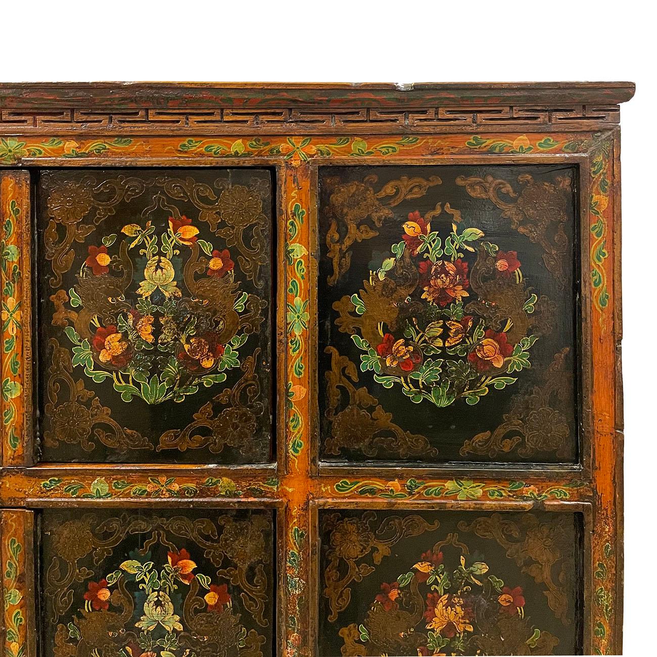 Chinese 19th Century Antique Tibetan Hand Painted Tall Credenza Storage Cabinet For Sale