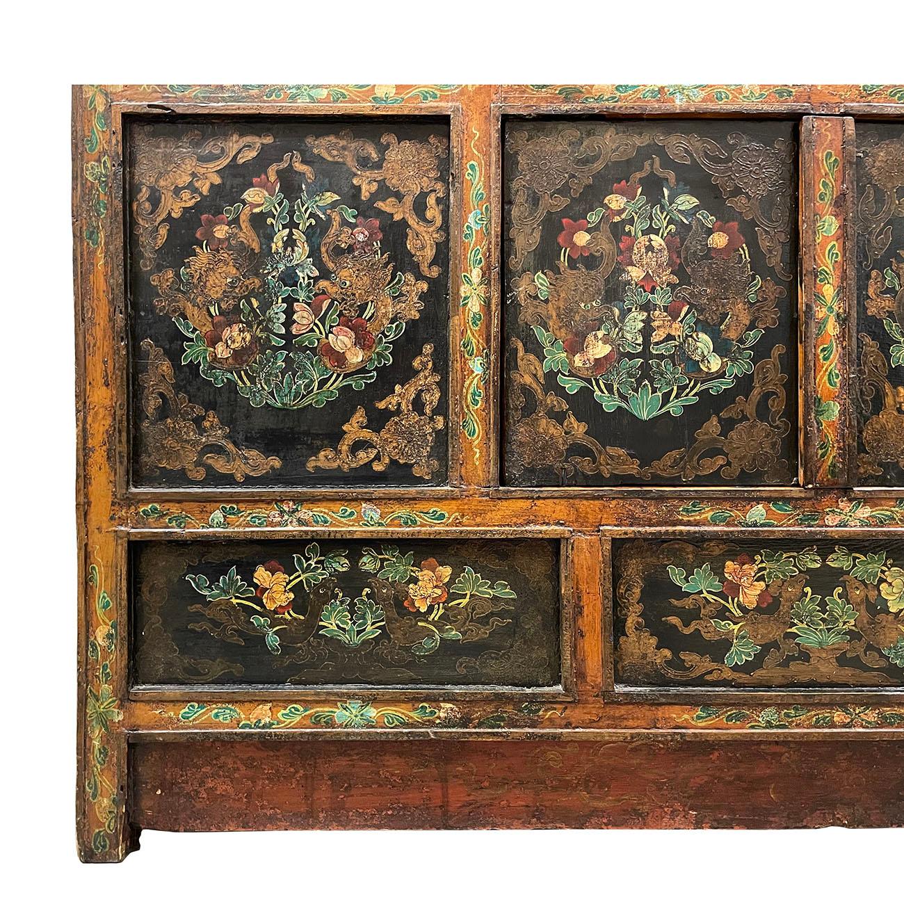 19th Century Antique Tibetan Hand Painted Tall Credenza Storage Cabinet In Good Condition For Sale In Pomona, CA