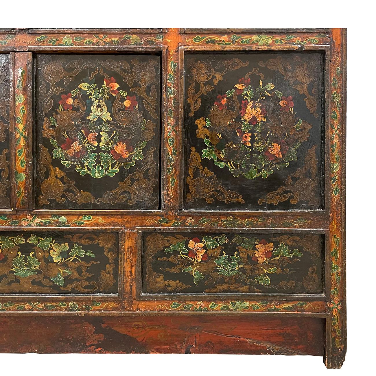 Wood 19th Century Antique Tibetan Hand Painted Tall Credenza Storage Cabinet For Sale