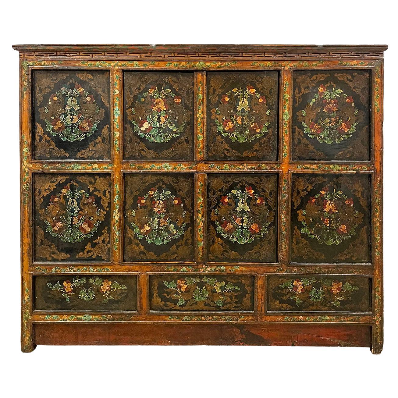 19th Century Antique Tibetan Hand Painted Tall Credenza Storage Cabinet For Sale