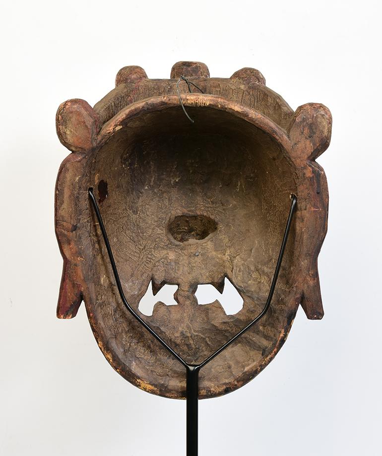 19th Century, Antique Tibetan Wooden Buddhist Mahakala Mask with Stand For Sale 4
