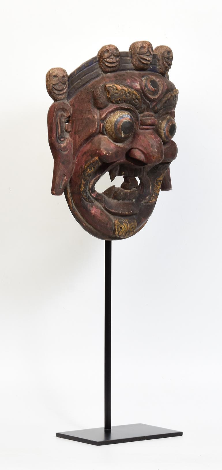 19th Century, Antique Tibetan Wooden Buddhist Mahakala Mask with Stand For Sale 5