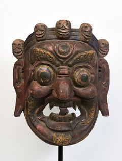 19th Century, Antique Tibetan Wooden Buddhist Mahakala Mask with Stand
