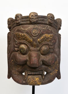 19th Century, Antique Tibetan Wooden Buddhist Mahakala Mask with Stand