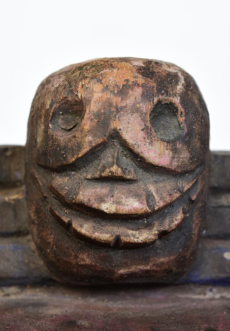 Hand-Carved 19th Century, Antique Tibetan Wooden Buddhist Mahakala Mask with Stand For Sale