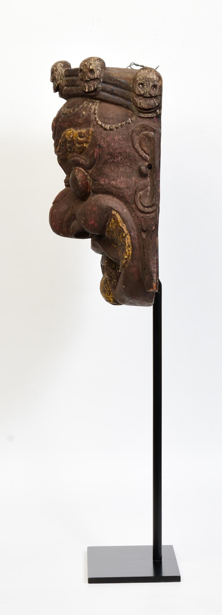 19th Century, Antique Tibetan Wooden Buddhist Mahakala Mask with Stand For Sale 2
