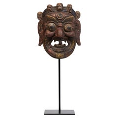 19th Century, Antique Tibetan Wooden Buddhist Mahakala Mask with Stand