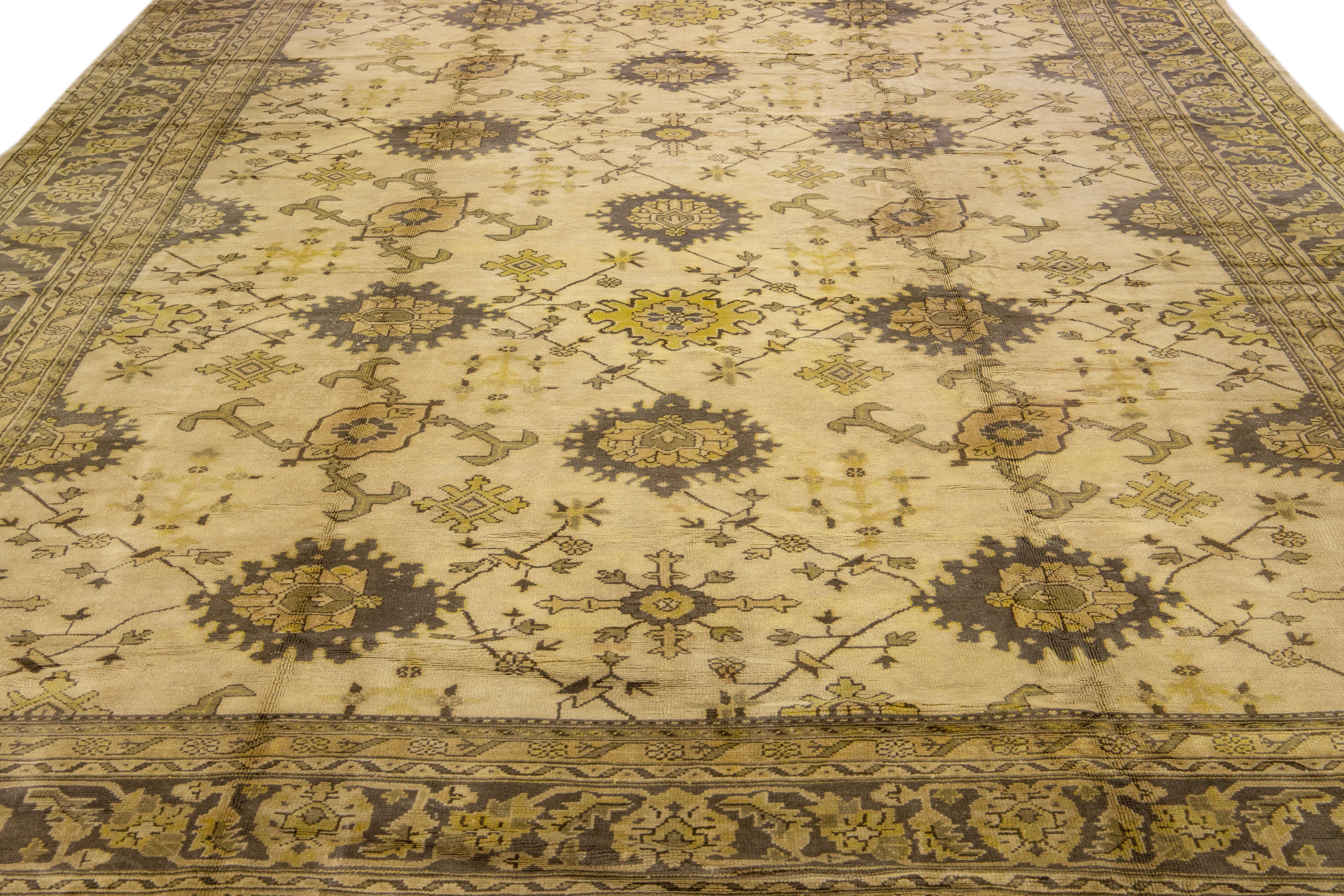 Hand-Knotted 19th-Century Antique Turkish Oushak Beige Floral Wool Rug For Sale