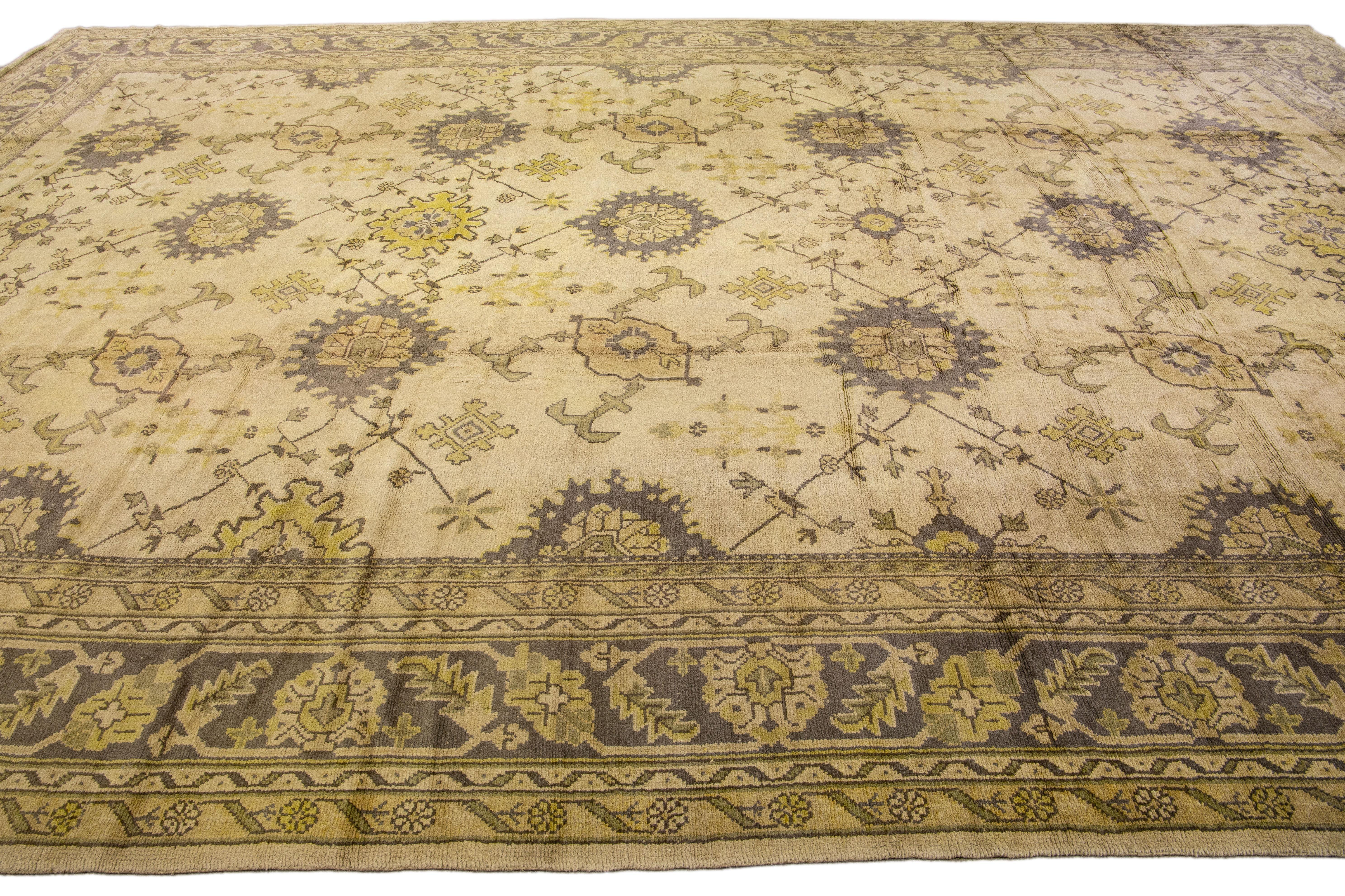 19th Century 19th-Century Antique Turkish Oushak Beige Floral Wool Rug For Sale
