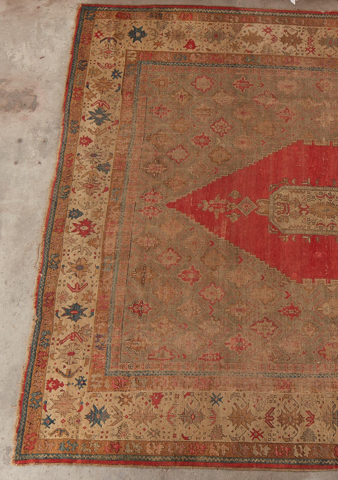 Hand-Knotted 19th Century Antique Turkish Oushak Rug