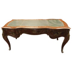 19th Century Antique Veneered Wooden Desk Curves Bronzes, Leather Carpet, France