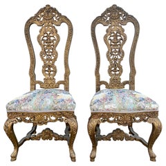 19th Century Antique Venetian Carved Gold Giltwood Throne Chairs, Pair