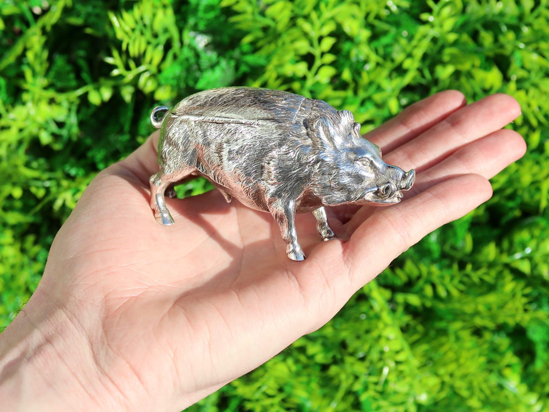 A magnificent, fine and impressive, rare antique Victorian English sterling silver vesta box modelled in the form of a boar; an addition to our ornamental silverware collection

This magnificent antique Victorian cast sterling silver vesta box has