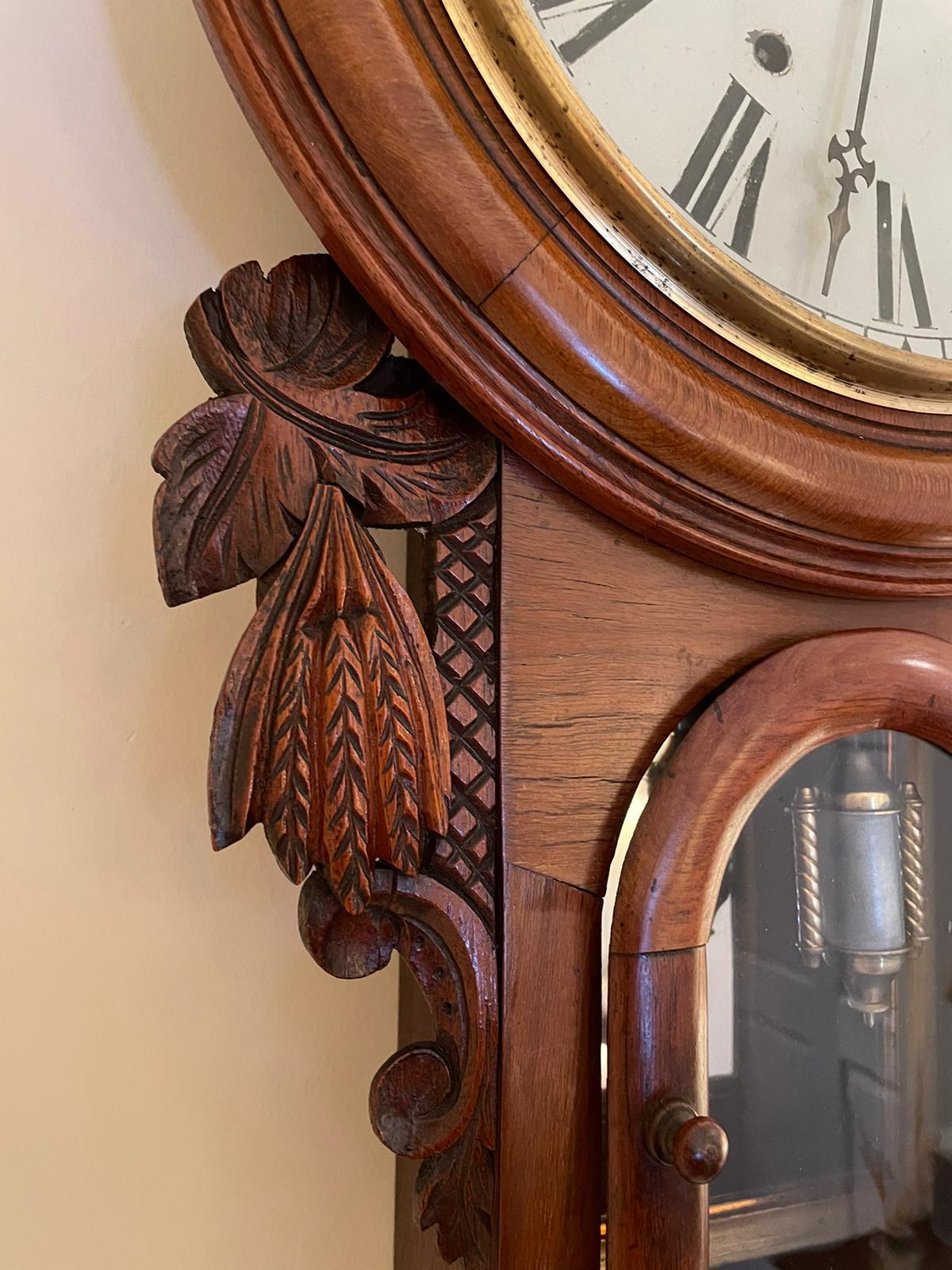 English 19th Century Antique Victorian Carved Walnut Eight Day Wall Clock
