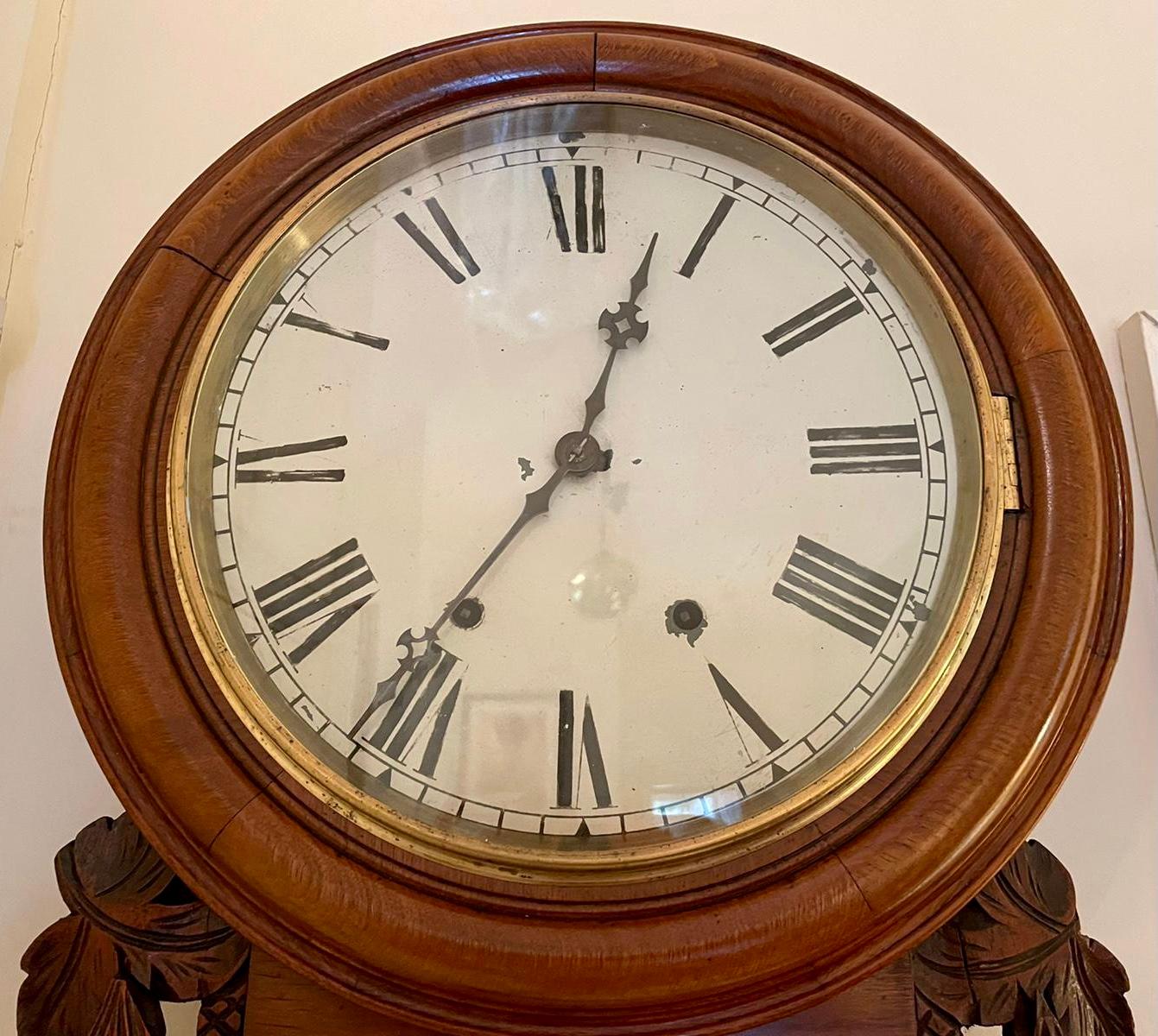 19th Century Antique Victorian Carved Walnut Eight Day Wall Clock In Good Condition In Suffolk, GB