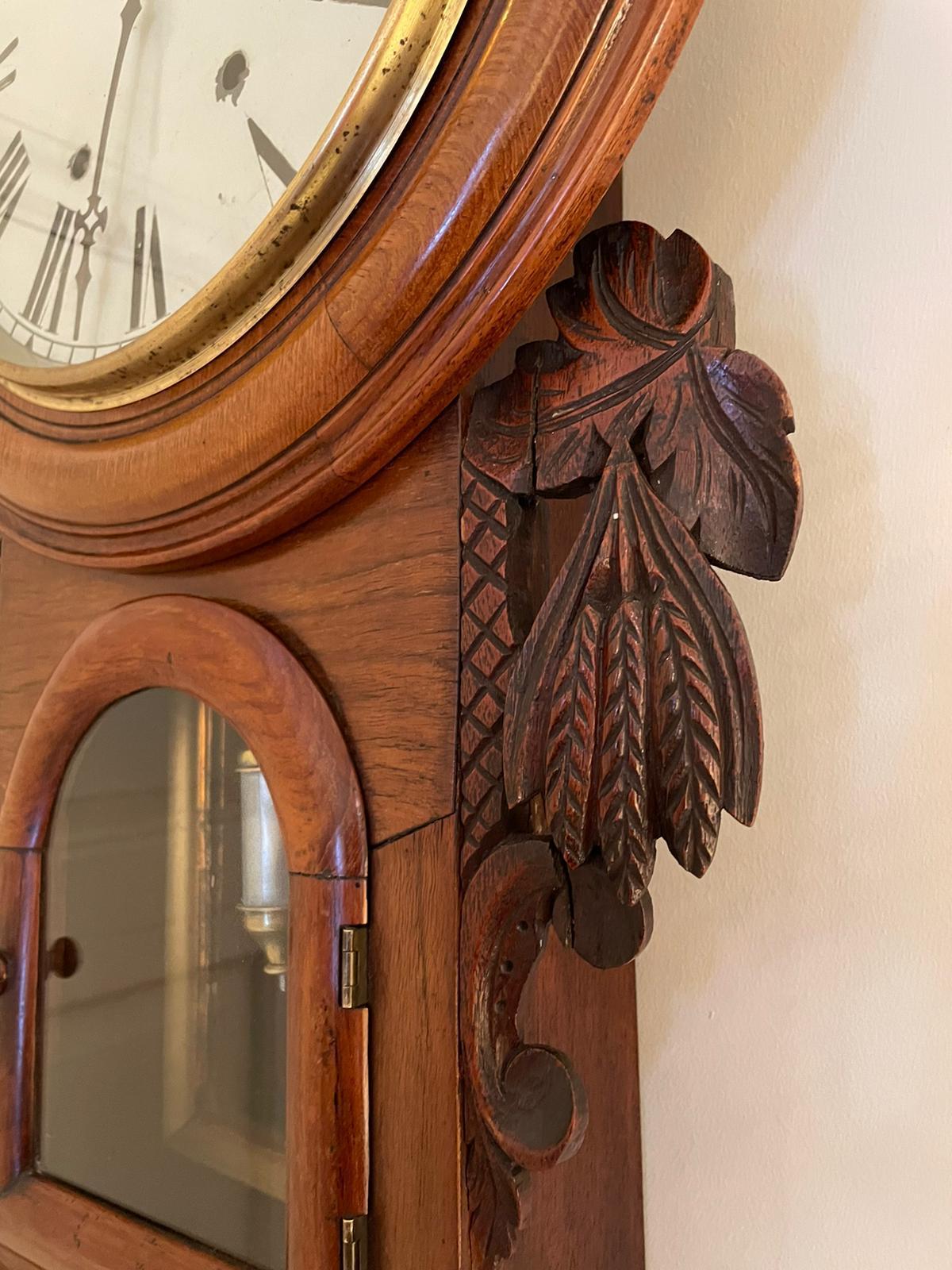 19th Century Antique Victorian Carved Walnut Eight Day Wall Clock 1
