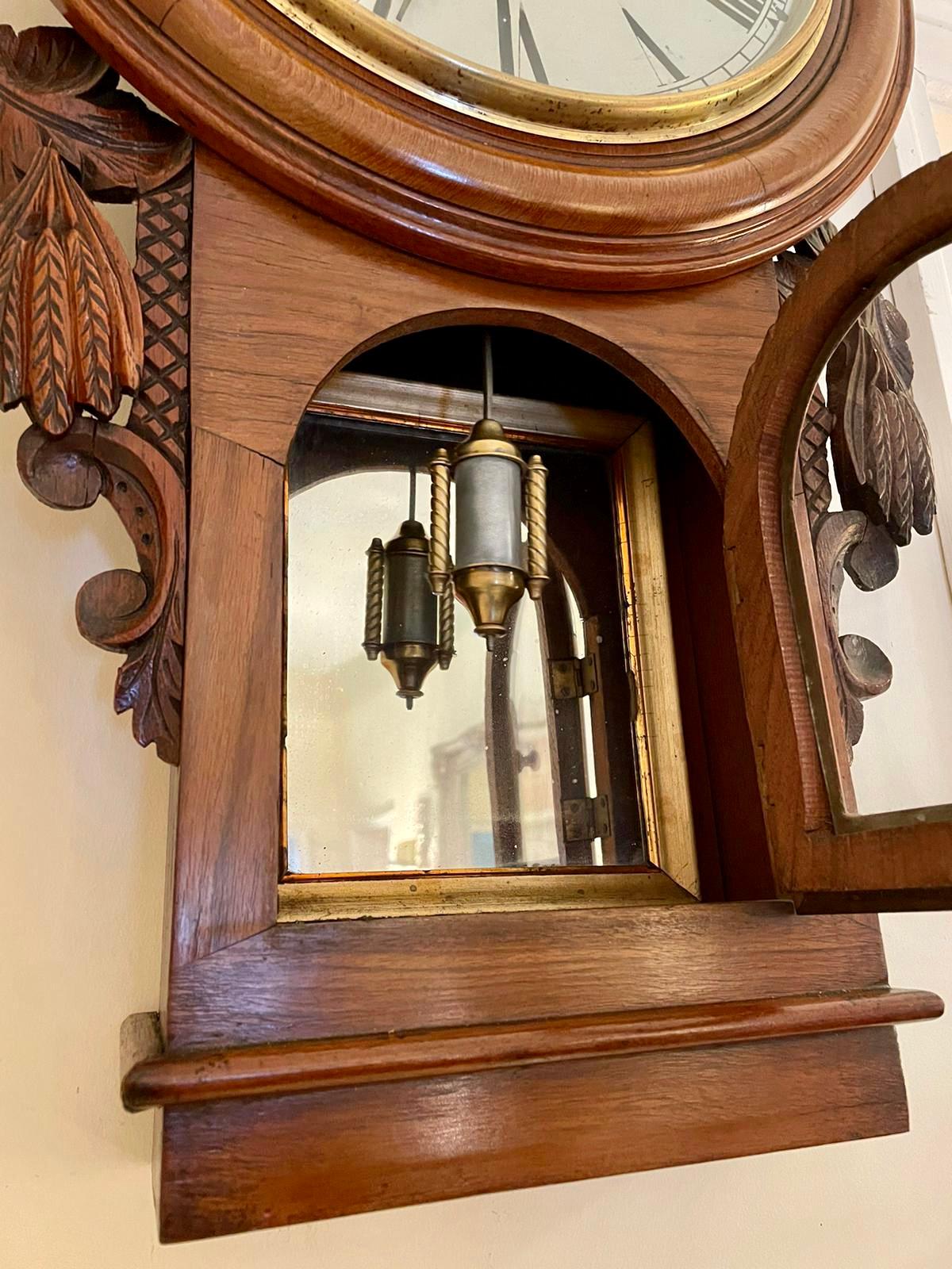 19th Century Antique Victorian Carved Walnut Eight Day Wall Clock 2