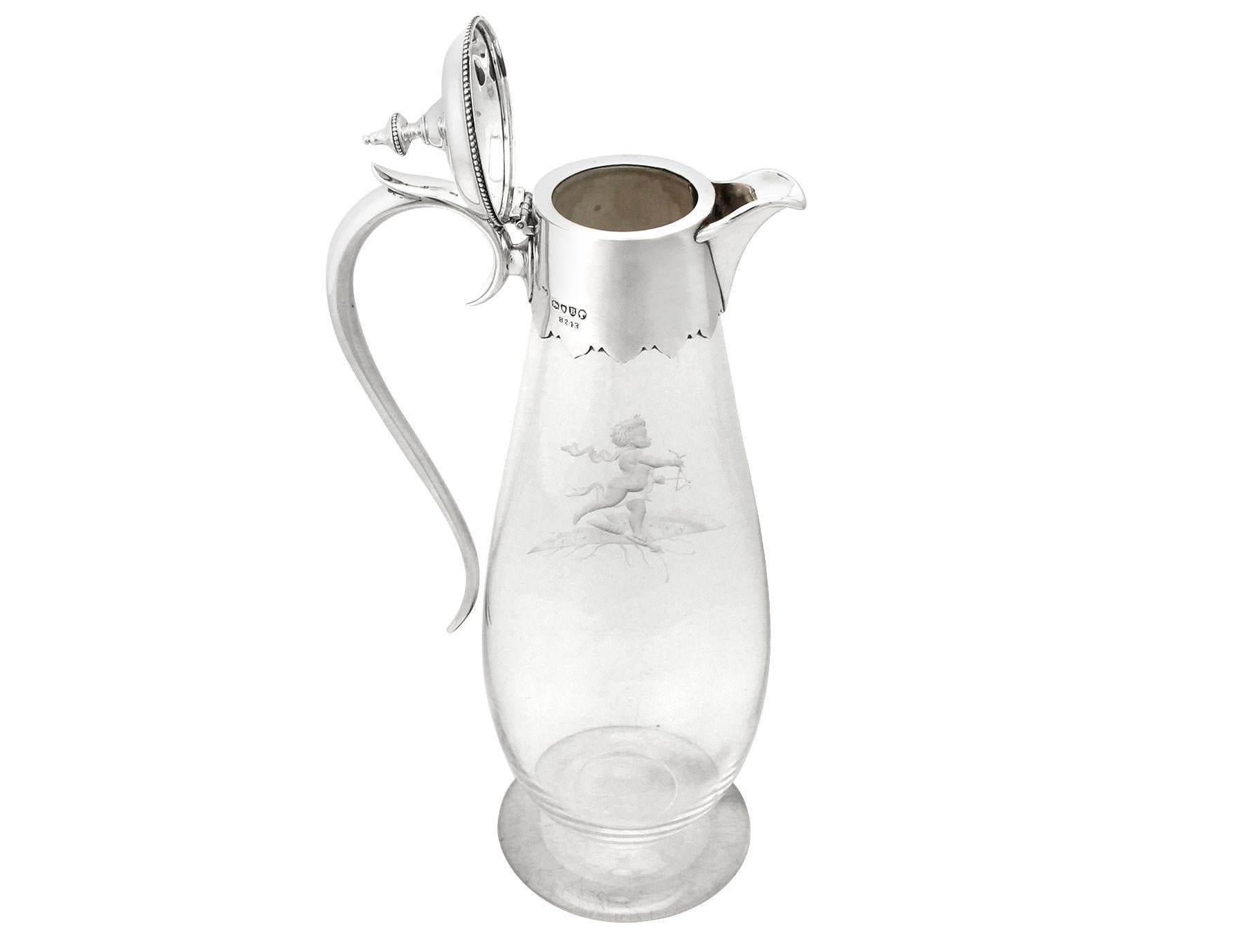 19th Century Antique Victorian Glass and Sterling Silver-Mounted Claret Jug For Sale 2