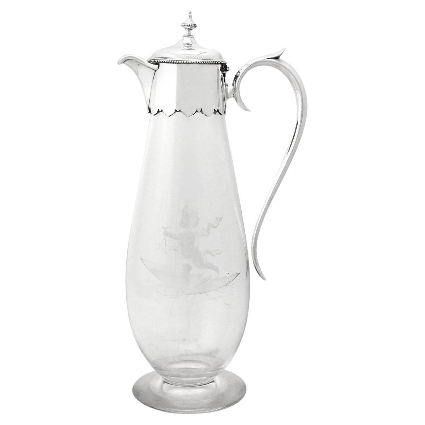 19th Century Antique Victorian Glass and Sterling Silver-Mounted Claret Jug For Sale