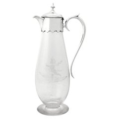 Antigua jarra de clarete victoriana de cristal y plata de ley del siglo XIX