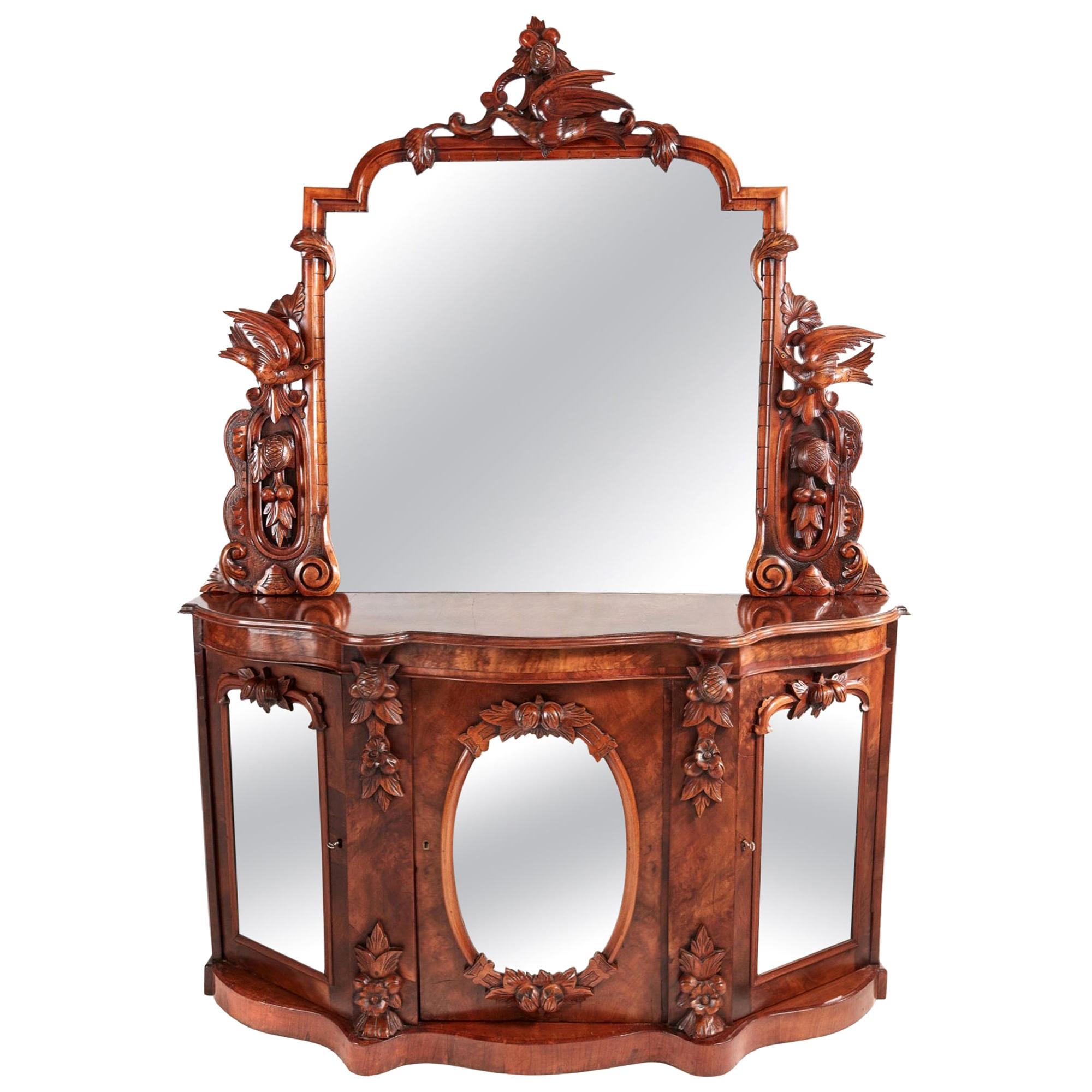 19th Century Antique Victorian Mirrored Carved Walnut Credenza/Sideboard