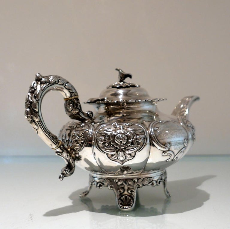 19th Century Antique Victorian Sterling Silver Four Piece Irish Tea and