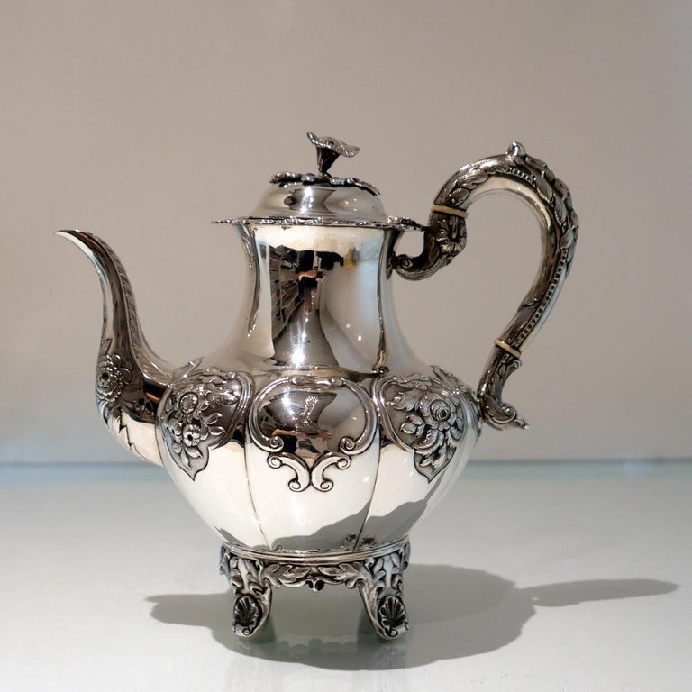 19th Century Antique Victorian Sterling Silver Four Piece Irish Tea and