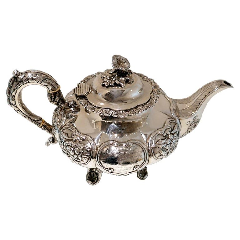 19th Century Antique Victorian Sterling Silver Four Piece Irish Tea and