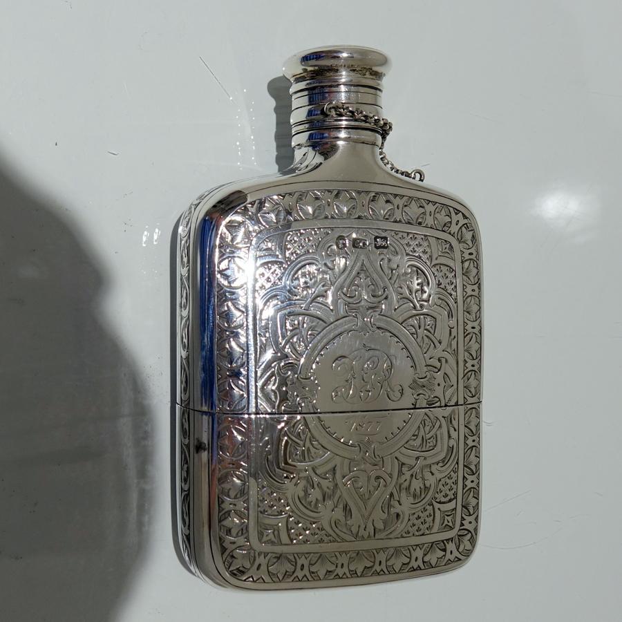 19th Century Antique Victorian Sterling Silver Hip Flask London 1873 CH Cheshire For Sale 7