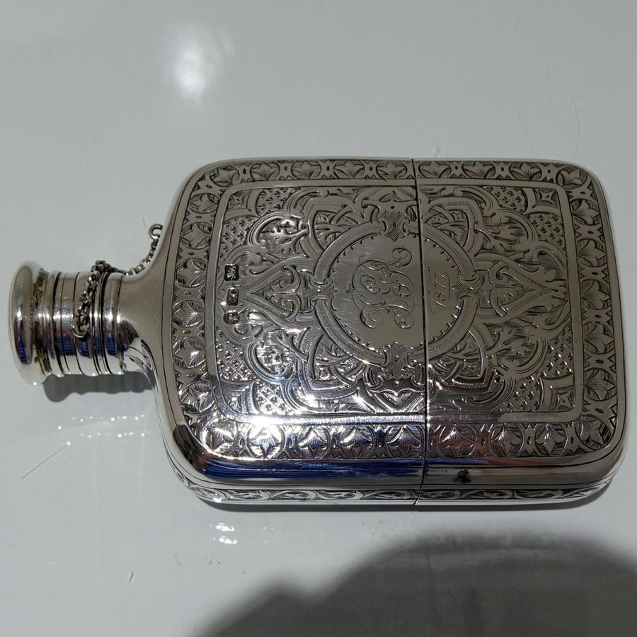 19th Century Antique Victorian Sterling Silver Hip Flask London 1873 CH Cheshire For Sale 8