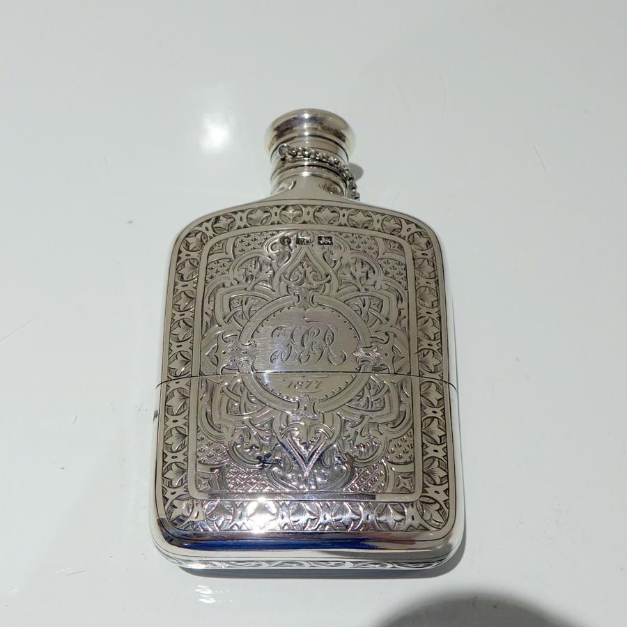 British 19th Century Antique Victorian Sterling Silver Hip Flask London 1873 CH Cheshire For Sale