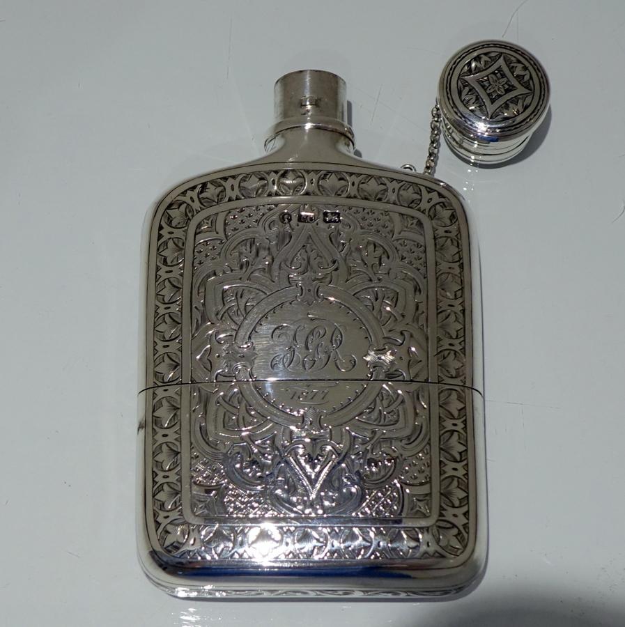 19th Century Antique Victorian Sterling Silver Hip Flask London 1873 CH Cheshire For Sale 3