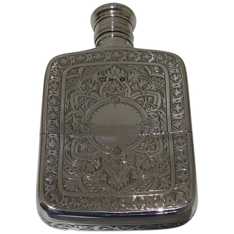 19th Century Antique Victorian Sterling Silver Hip Flask London 1873 CH