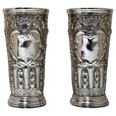 19th Century Antique Victorian Sterling Silver Pair Vases London 1892 Barnard’s