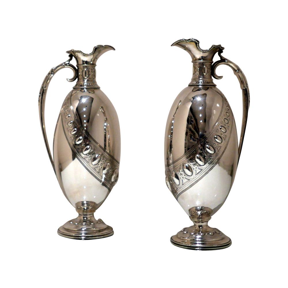 19th Century Antique Victorian Sterling Silver Pair Wine Jugs Lond 1870 Barnards For Sale