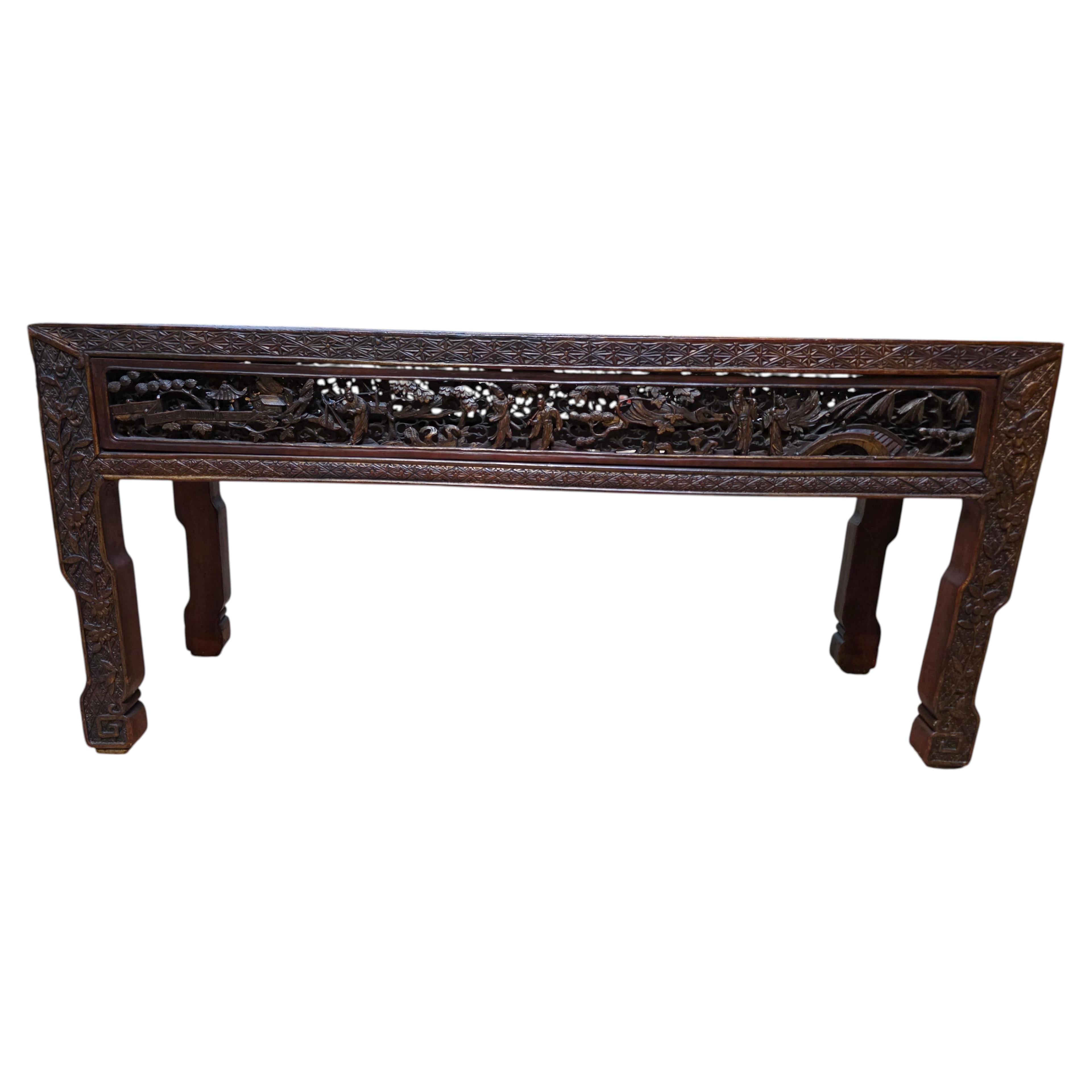 19th Century Antique Chinese Bench, Carved Wood with Lacquer Finish For Sale