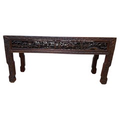 19th Century Antique Chinese Bench, Carved Wood with Lacquer Finish