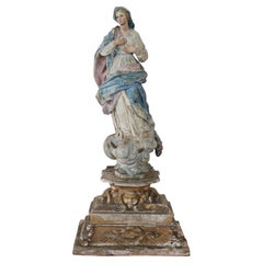 19th Century Antique Virgin Mary Sculpture in Hand Carved Wood