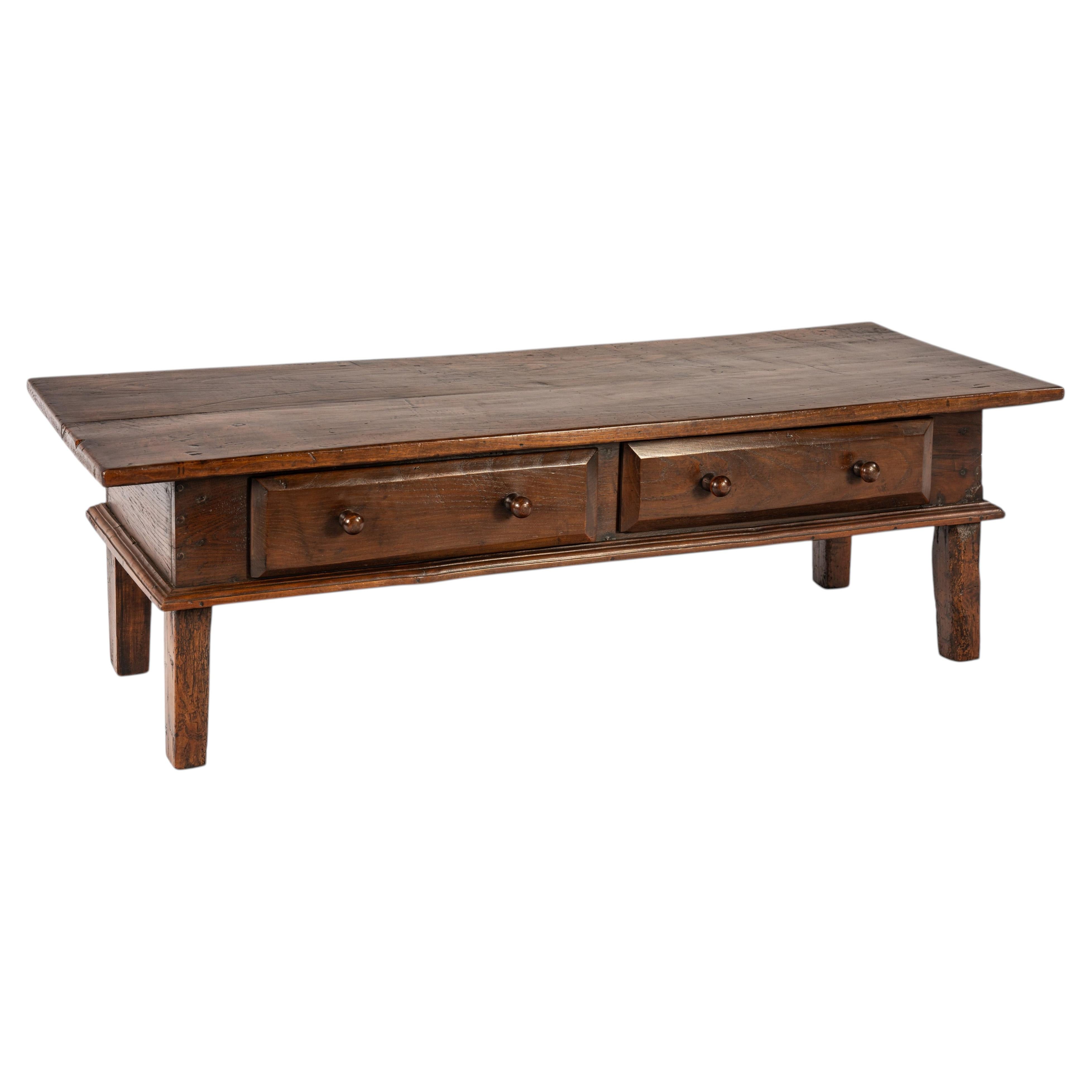 19th-Century Antique warm brown Spanish Chestnut Coffee Table with Two Drawers