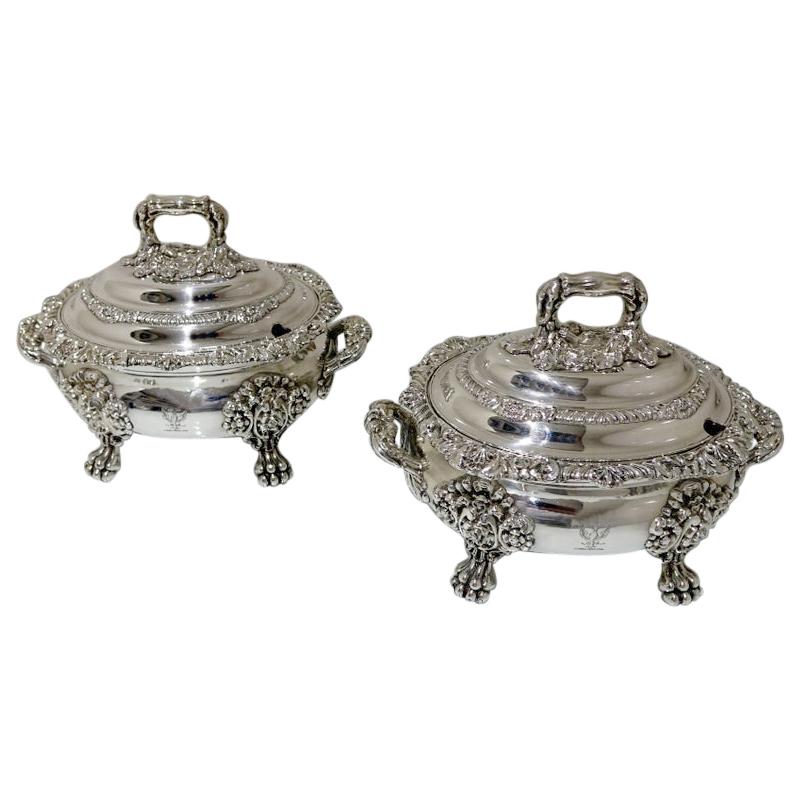 19th Century Antique William IV Old Sheffield Plate Pair of Sauce Tureens, 1830 For Sale