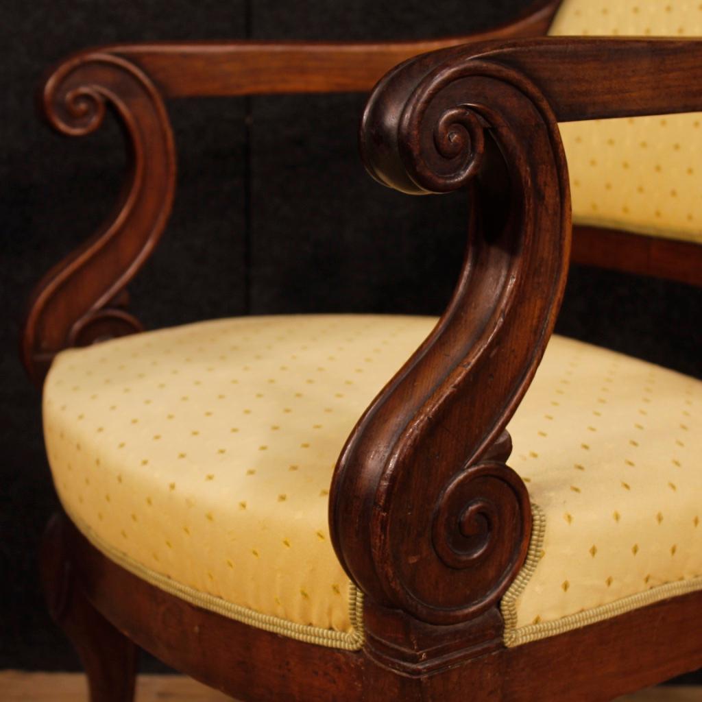 French male/female armchairs from the late 19th century. Non-identical furniture with slightly different cuts and measurements (see photo). Armchairs upholstered in fabric with some small signs (see photo), padding in good condition. Armchairs ideal