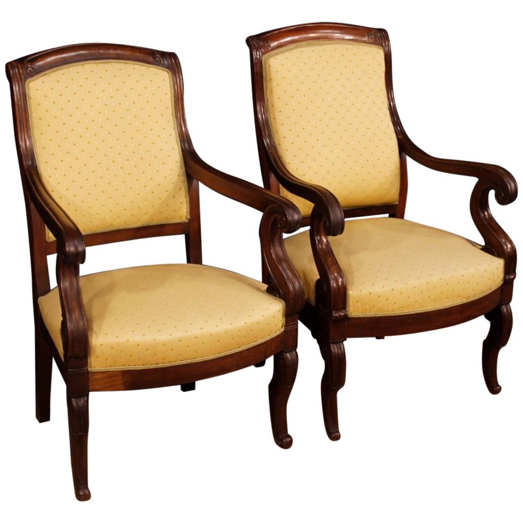 19th Century Antique Wooden and Fabric French Armchairs, 1880