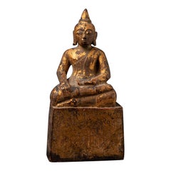 19th century Antique wooden Burmese Buddha statue in Bhumisparsha Mudra