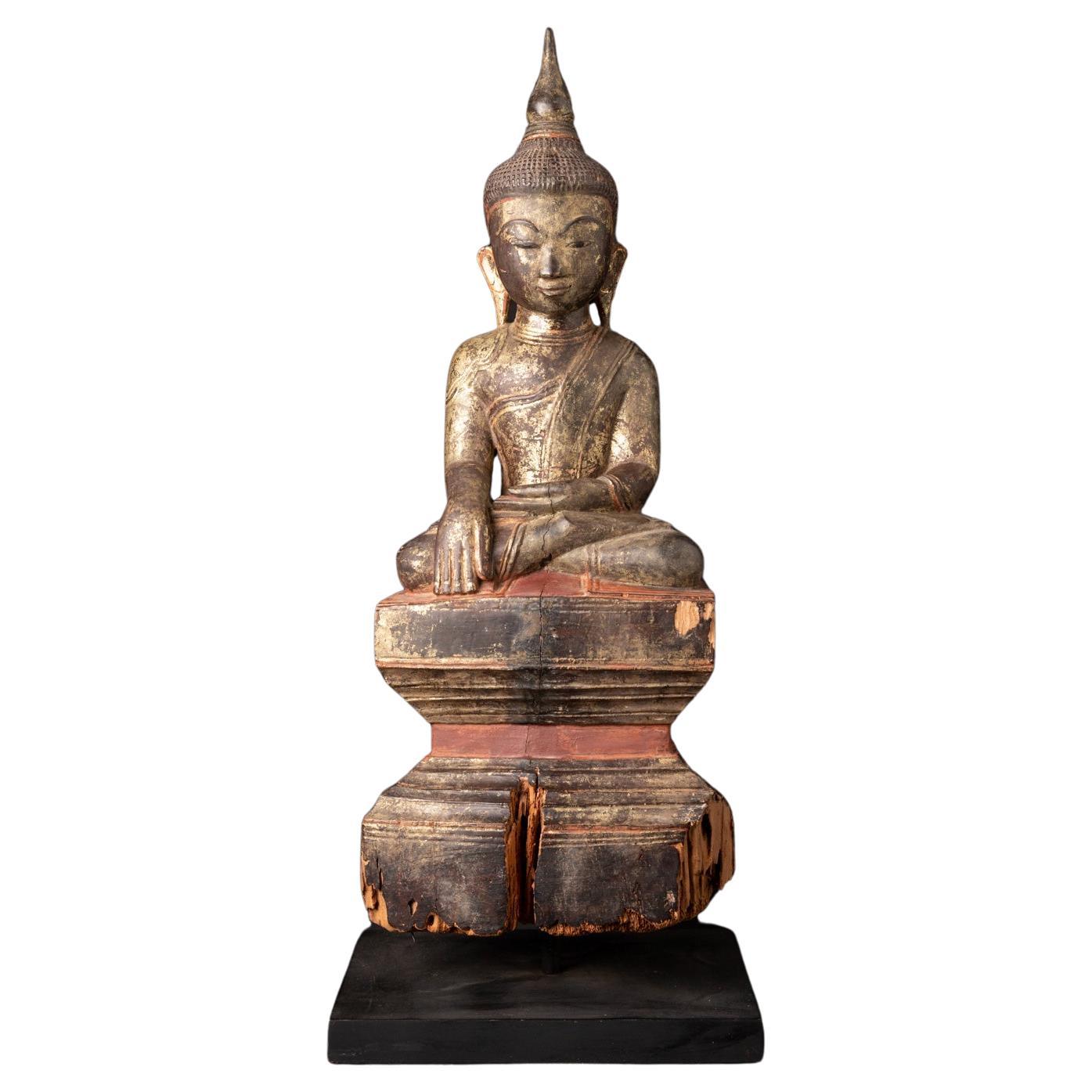 19th century Antique wooden Burmese Buddha statue in Bhumisparsha Mudra