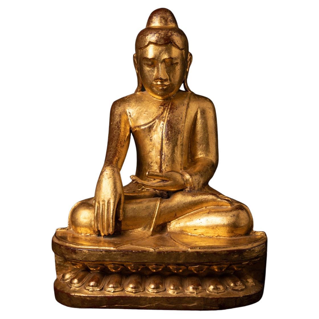 19th century antique wooden Burmese Lotus Buddha in Bhumisparsha Mudra