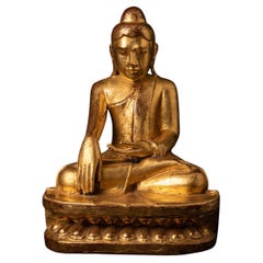 Antiker burmesischer Lotus-Buddha aus Holz in Bhumisparsha Mudra aus dem 19. Jahrhundert